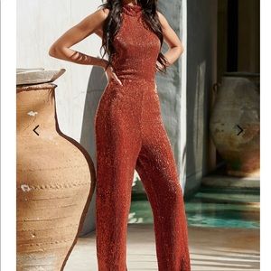Club London Rust/Orange Wide Leg Sequin Jumpsuit